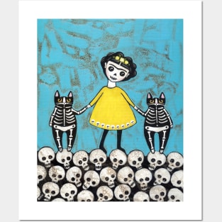 Yellow Skellie Cats Day of the Dead Posters and Art